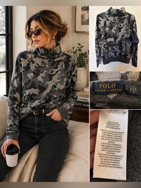 Polo Ralph Lauren Merino Wool Camo Turtleneck Sweater Gray Size L